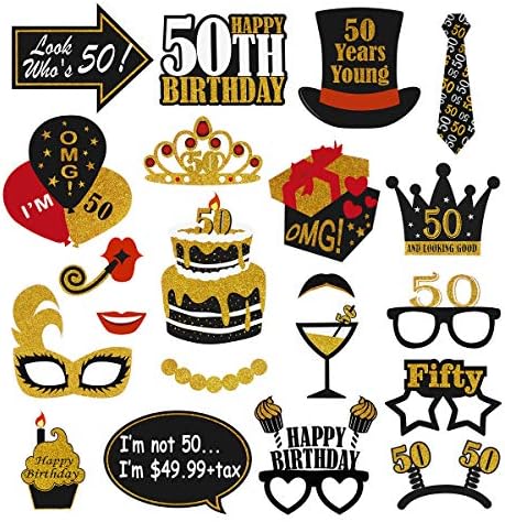 AMOSFUN 21 יחידות 50 יום הולדת 50 דוכן תמונות אבזרי מסיבת יום הולדת נצנצים אבזרים שחור וזהב יום הולדת 50 קישוטי