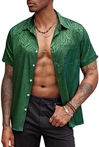 חולצות קיץ של קואופנדי גברים שרוול קצר משי סאטן סאטן חולצות ג'קארד כפתור מזדמן במורד חולצת חוף