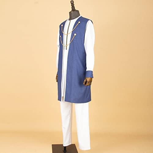 בגדים אפריקאים של Bazin Riche לגברים שני חולצות ז'קט שרשרת מכנסיים 3 חלקים סט תלבושות דשיקי לחתונה של