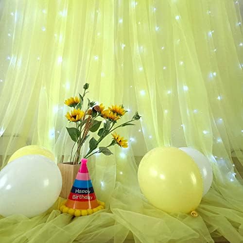 צהוב טול וילונות רקע עם אורות מחרוזת למסיבת יום הולדת פוטושוט 2 פנלים 5 6 רגל וילונות רקע שקופים