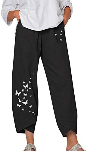 יבול טרנדי כותנה רופפת מכנסי פשתן מודפסים של מכנסי הקאפרי הקיץ משיכת קפריס לנשים פרפר קיץ מזדמן