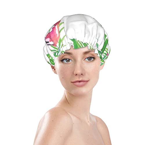 פלמינגו צבעי מים טרופי מים מודפסים כובע מקלחת מודפס, שכבות כפולות כובע אמבטיה לנשים כובעי מקלחת אטום אטום למים