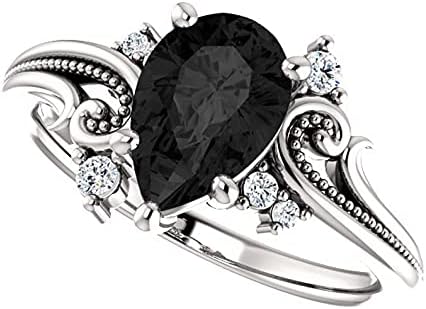 בציר פיליגרן שחור אגס טבעת לבן זהב גימור, פרחוני אגס אוניקס שחור סימולציה יהלומי אירוסין טבעת, וודלנד