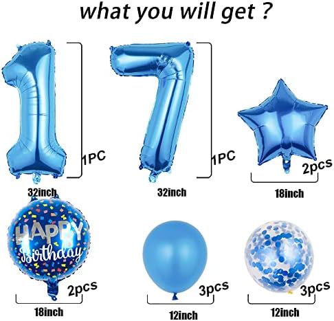 בלונים, 11 מחשבים נייר כסף בלונים בני 17 לקישוט ציוד למסיבות יום הולדת 17 ， Confetti Balloon Childred Shiel