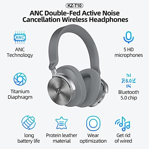 KZ T10 Bluetooth 5.0 אוזניות אלחוטיות עם ביטול רעש פעיל, מצב שקיפות-חיי סוללה של 38 שעות, רעש