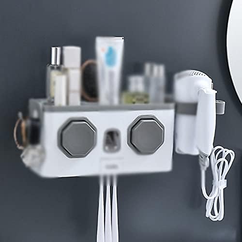 XJJZS משק בית רב -פונקציונלי קיר יניקה מחזיק שיניים מתלה יצירתי לחדר אמבטיה, מתלה אחסון מייבש שיער