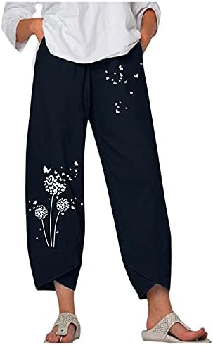מכנסי קיץ של ווקאצ'י לנשים כיסים מזדמנים כותנה פשתן תחתית רגל רחבה שרוך מותניים אלסטיים מכנסי יבול קפריס