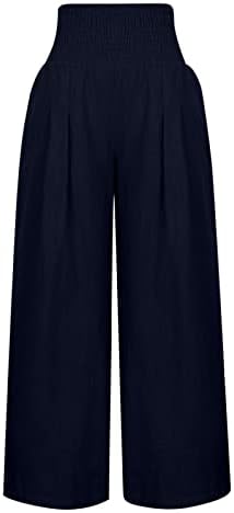 נשים בקיצות קיץ מותניים גבוהות פשתן כותנה מכנסיים פאלאצו מכנסיים מכנסיים ארוכות רגל ארוכות עם כיס