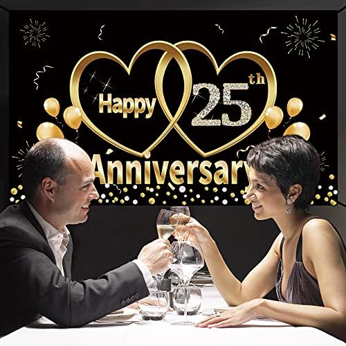 קישוטי תפאורת באנר של 25 שנה שמח - קישוטי תפאורה של מפלגת יום נישואין גדולה של 25 שנה לעיצוב - זהב שחור