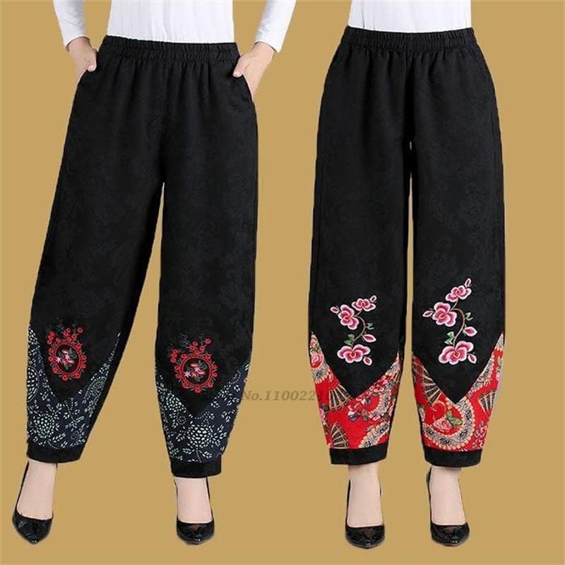 פרחים לאומיים רקומים נשים סיניות מסורתיות מכנסי רגל רחבים מכנסיים אתניים מזרחיים צבע 2 l