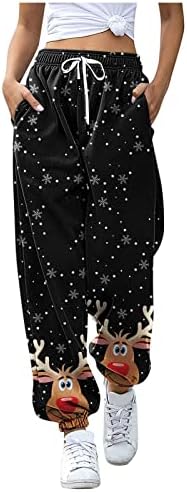 מכנסי טרנינג לחג המולד נשים עם כיסים מזדמנים מותניים גבוהים סינץ 'ספורט ספורט מכנסי טרנינג רחבים שלג טיולים אתלטים