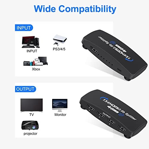 4K@60Hz HDMI Splitter 1 ב -4 בחוץ, מפצל וידאו HDMI 1x4 v2.0b מופעל, תומך 1080p@120 הרץ כפיל