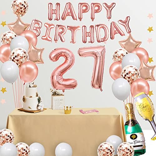 קישוטי יום הולדת 27 של Fancypartyshop - רוז זהב זהב יום הולדת שמח באנר ואבנט עם מספר 27 בלונים לטקס בלוני קונפטי