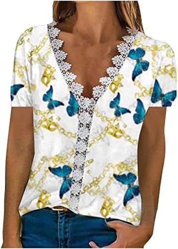 קיץ פרחוני מודפס חולצות לנשים סרוגה תחרה לקצץ צווארון טוניקה למעלה קצר שרוול מתגנדר חולצות רופף חולצה