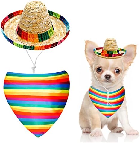 כובע סומבררו כלב ומשולש כלבים צעיף צעיף, תלבושת סומבררו צבעונית מגבת פה קשת לחיות מחמד קטנות