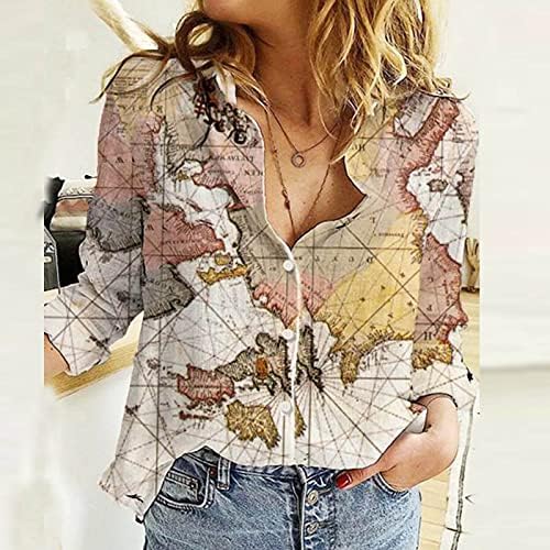 מפת נשים הדפסת גרפיקה פשתן חולצות כותנה גיאומטריה שרוול ארוך גיאומטריה וינטג