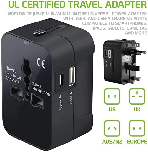 נסיעות USB פלוס מתאם כוח בינלאומי תואם ל- Alcatel Onyx עבור כוח עולמי לשלושה מכשירים USB Typec, USB-A לנסוע
