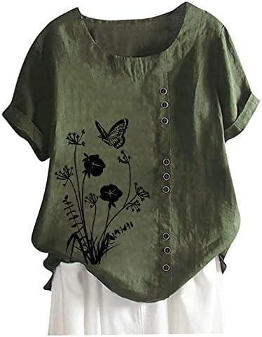 2023 צמרות קיץ לנשים פשתן כותנה שרוול קצר טוניקה טוניקה טרנדית פרחונית מודפסת חולצות מזדמנים