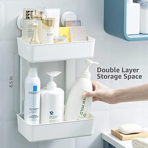 מקלחת קאדי שכבה כפולה כוס יניקה קאדי מקלחת עם 4 ווים התקנה שנייה קיר קיר רכוב מארגן מקלחת נשלף וניתן לשימוש