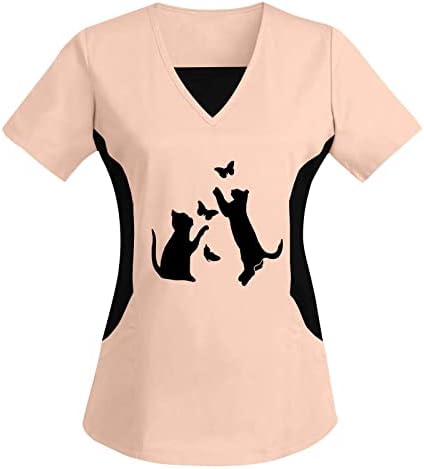 תרגיל חולצה נשים רופף נשים בתוספת גודל למעלה צווארון קצר שרוולים חתולים הדפסי לא סינטטי ארוך שרוול