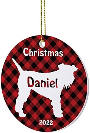 צללית Ditooms צללית משובצת משובצת כלב בהתאמה אישית עץ חג מולד קישוטי קישוטי, צביעה מתזה עגול חג המולד חרסינה