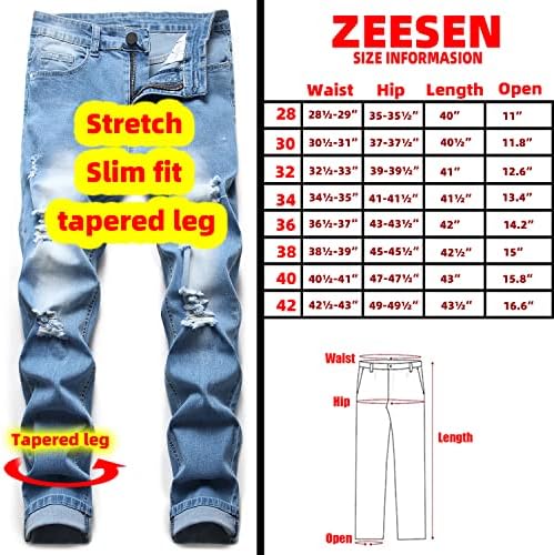 ג'ינס קרע זזן לגברים דקיקים דקיקים בכושר רגיל ברגל מחודדת במצוקה מכנסיים הרוסים מכנסי ג'ינס עם חור