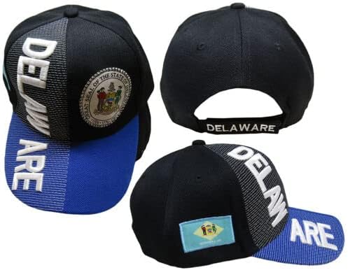 מדינת דלאוור שחור שחור מלכותי כחול לבן אותיות לבנות על כובע כובע רקום צדדי