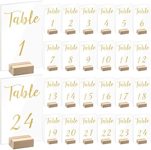 24 יח 'מספרי שולחן חתונה זהב מספר שולחן אקרילי מספר מחזיק עץ מספרי חתונה 4 x 6 אינץ