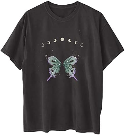 חמוד חולצות קיץ חולצות ירח-פרפר מודפס חולצות נשים קצר שרוול חולצה רופף מזדמן כותנה חולצות גרפי טיז