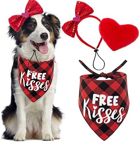 סט תלבושות כלבים של Zeeemias Valentine's Dog Set - אדום משובץ חמוד כלב בנדנה ועניבת פרפר בלינג כלב
