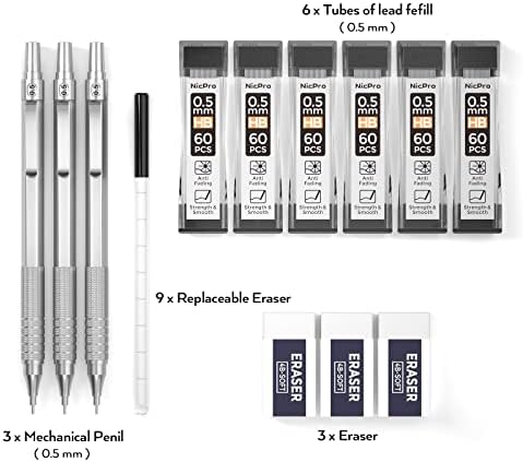 סט עפרונות מכניים של NICPRO, 3 עיפרון מתכת ו -3 עיפרון מכני 0.5 עם צינורות מילוי עופרת HB, 3 מחקים,
